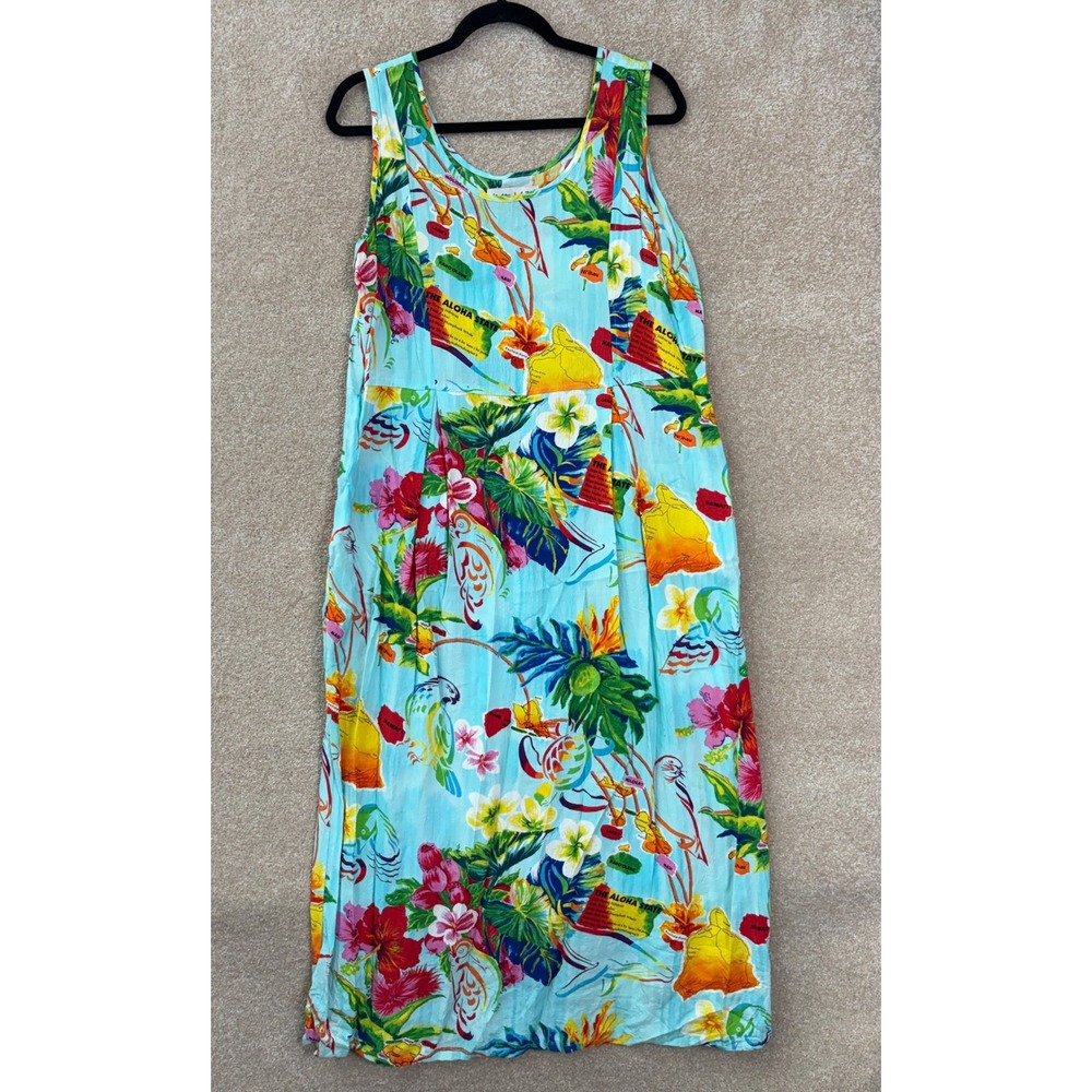 JAMS WORLD Island Life Maxi Dress Women's Large Blue Aloha Hawaii Tropical